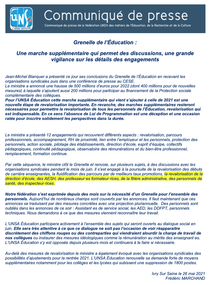 Comm Presse UNSA Grenelle Education